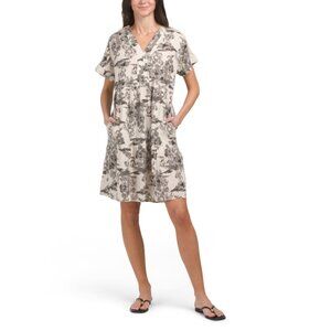 FRANCESCA BETTI  Italy Linen Blend Short Sleeve Toile Print Mini Dress